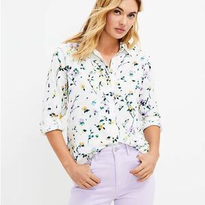Loft Button Down Linen Blend Blouse in Watercolor Floral